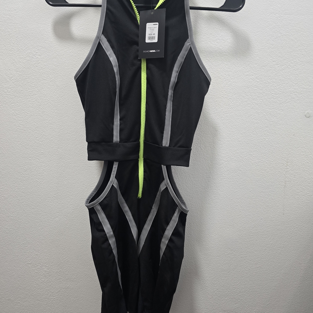 Fashion Nova Black with Gray and Neon Green Accents Always In Sport Romper
